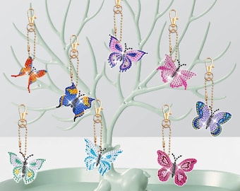 Diamond Painting Keychain Kit, 8pcs, Dragonfly Butterfly, DIY Birds Crystal Embroidery, Keyring Craft Set, Sparkling Bag Pendant Charms Gift