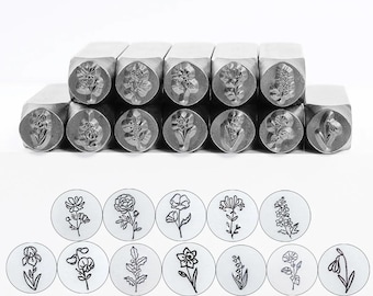 Perfurador de metal para estampar, aço, tema floral do mês de nascimento, carimbos com design floral, ideal para confecção de joias, presentes DIY, lembrancinhas e acessórios de artesanato.
