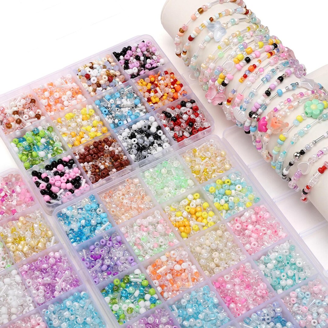 Glass Rice Beads Set, 12/24 Grids Storage Box, Mixed Colors, DIY ...