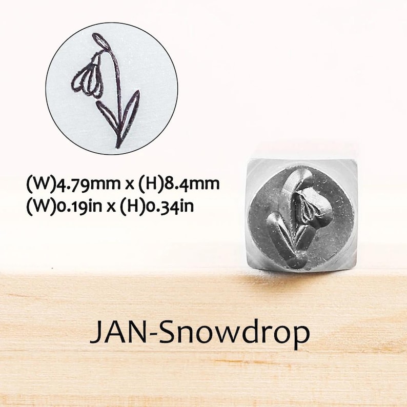 Pode incluir: Um carimbo de metal com um desenho de flor de neve, medindo 4,79 mm de largura e 8,4 mm de altura. O carimbo est&aacute; em um recipiente de pl&aacute;stico transparente. O texto "JAN-Snowdrop" est&aacute; abaixo.