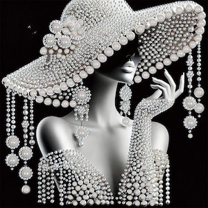 May include: A monochrome image of a woman decorated with pearl jewellery. She is wearing a wide-brimmed hat, earrings, and a glove, all embellished with pearls. The black background accentuates the white pearls.