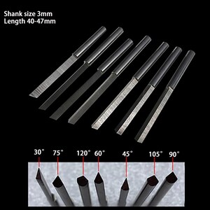 May include: Set of eight metal wood carving tools with different angled tips. The tools are 3mm in diameter and 40-47mm long. The angles of the tips are 30&deg;, 75&deg;, 120&deg;, 60&deg;, 45&deg;, 105&deg;, and 90&deg;.