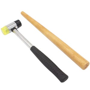 May include: A set of two tools for crafts and DIY projects. A rubber mallet with a yellow head and a black handle, and a wooden dowel.