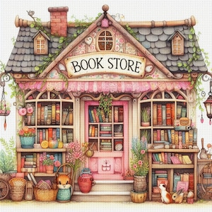 Könnte beinhalten: Aquarellillustration eines bezaubernden Buchladens mit rosa Markise und der Aufschrift "BOOK STORE". Der Laden ist mit Bücherregalen, Topfpflanzen und dekorativen Elementen gefüllt, was eine skurrile und einladende Szene schafft.