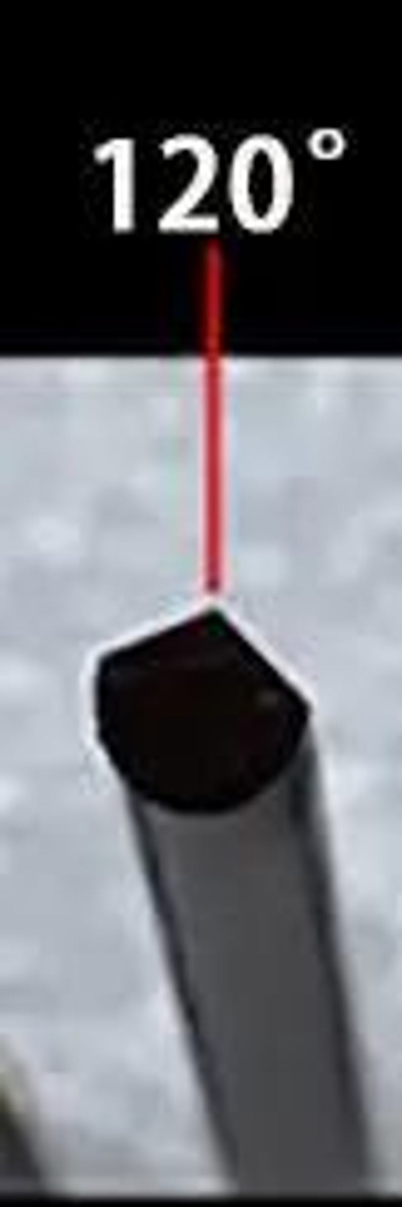 May include: A close-up of a black object with a red laser beam pointing at it. The text "120&deg;" is visible above the object.