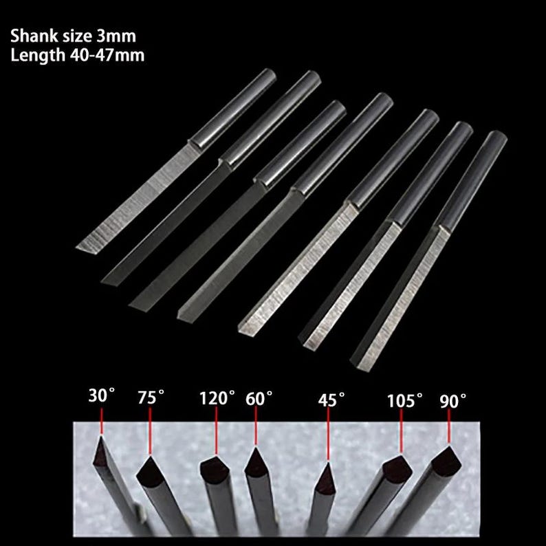 May include: Set of eight metal wood carving tools with different angled tips. The tools are 3mm in diameter and 40-47mm long. The angles of the tips are 30&deg;, 75&deg;, 120&deg;, 60&deg;, 45&deg;, 105&deg;, and 90&deg;.