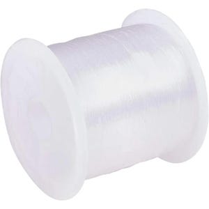 May include: A white plastic spool tightly wound with clear, transparent thread. The spool has a cylindrical shape with wide, flat ends. The thread is thin and flexible, suitable for various crafting or sewing projects.