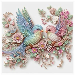 May include: A decorative image of three birds on a branch, surrounded by flowers. The birds are decorated with sparkling details in blue, pink, and green. The flowers are pink and white, with pearl accents, creating a whimsical and elegant design. The image is set against a white background.