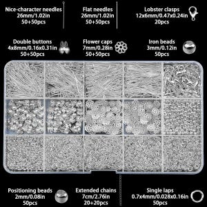 1200pcs Jewelry Making Kit, Zinc Alloy, Assorted Sizes, Various Styles, Silver Lobster Clasps Jump Ring, Extension Chains DIY Bracelet Craft