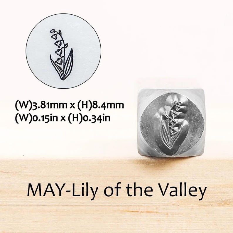 Pode incluir: Um carimbo de metal com um desenho de l&iacute;rio-do-vale. O carimbo &eacute; quadrado com uma imagem floral detalhada. O texto "MAY-Lily of the Valley" est&aacute; abaixo. O carimbo mede 3,81 mm de largura e 8,4 mm de altura.