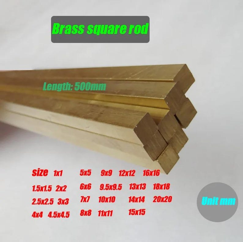 May include: A stack of brass square rods with the text "Brass square rod" and "Length: 500mm". The image also displays various sizes in millimeters, including 1x1, 5x5, 9x9, 12x12, and others. The rods have a golden color.