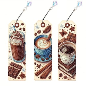 Marque-pages diamant, tasse à café, 3 pièces, forme spéciale acrylique, cristal, strass, carnets, pampilles, pendentifs, broderie, marqueurs de lecture