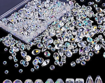 600 peças de contas de vidro cristal sortidas, formatos variados, para confecção de bijuterias, projetos de artesanato, pulseiras e enfeites brilhantes.