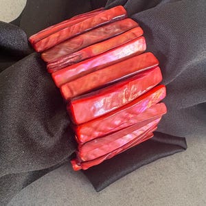 Red Iridescent Shell Stretch Bracelet Statement Bold Chunky Slab Beads