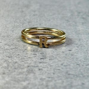 Vintage Gold Tone Initial R Ring, Dainty Double Band Letter R Ring, Minimalist Stackable Monogram Ring, Size Size 7