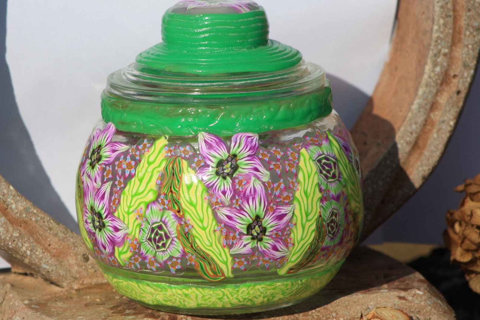 Polymer Clay Glass Jar Purple Flowers Green Leaves Etsy