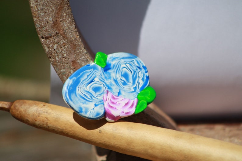 Pin Two Blue Pink Roses Clay Cane Pin
