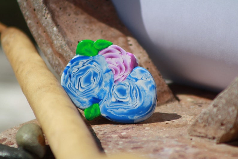 Pin Two Blue Pink Roses Clay Cane Pin