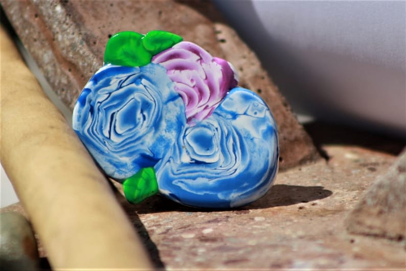 Pin Two Blue Pink Roses Clay Cane Pin