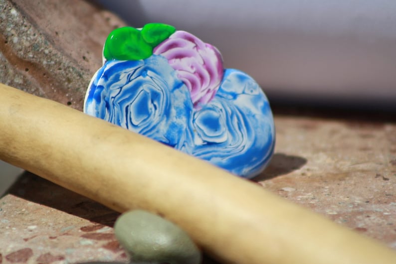 Pin Two Blue Pink Roses Clay Cane Pin