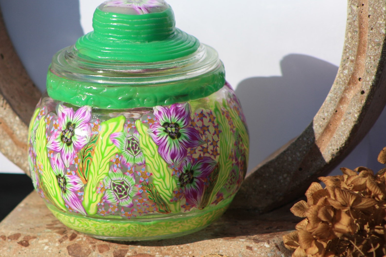 Polymer Clay Glass Jar Purple Flowers Green Leaves Etsy