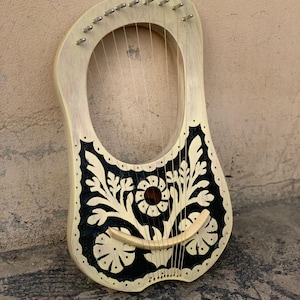 Handmade Rosewood White Flower Lyre Musical Instrument with Free Strings, Tuning Key and Carry Bag