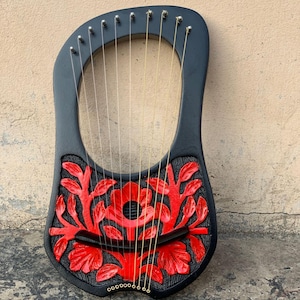 Rosewood Black And Red Flower Lyre Musical Instrument with Free Strings, Tuning Key and Carry Bag