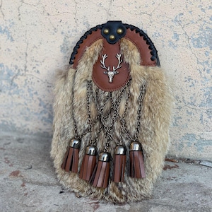 Men&#39;s Scottish Fox Fur Full Sporran Five Tassels Brown Leather Kilt Sporran With Chain Belt