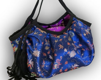 CLEARANCE – Final Sale. Chinese Satin Brocade Reversible Oriental Granny Bag with Black Tassel & Zipper Pouch - Purple/ Blue