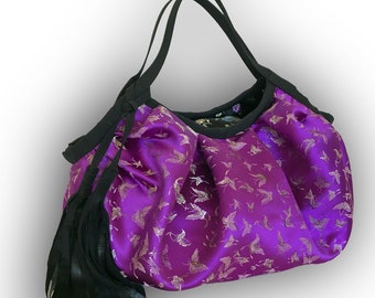 CLEARANCE – Final Sale Chinese Satin Brocade Reversible Oriental Granny Bag with Black Tassel & Zipper Pouch - Purple/ black