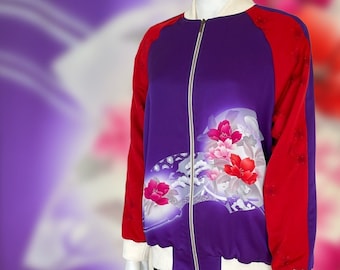 Full Zip Bomber Style Blouson Jacket/ One Size (XS~M)/  Floral Japanese Kimono Recycled/ Fashionable/ Stylish