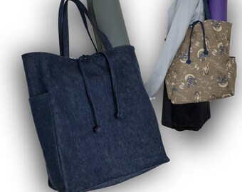 Indigo Denim Reversible Large Yoga Mat Tote Style Bag/ Pilates Mat Bag/ Beach Tote/ Shopping Bag/ Weekender Bag/ Travel Tote