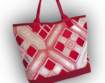 KAWAII! Japanese Brocade Obi Recycled - Red, Metallic Silver - Argyle Check