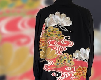 Full Zip/ Hand Paint/ Embroidered Bomber Style Blouson Jacket/ One Size (L-XL)/ Japanese Vintage Kimono Recycled/ Pine