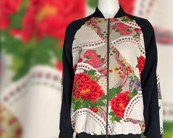 Full Zip Bomber Style Blouson Jacket/ One Size (XS~M)/ Floral Japanese Vintage Furisode Kimono Recycled/ Fashionable/ Stylish/ Peony