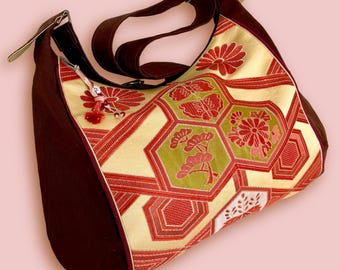 Upcycled Red and Ivory Kimono Obi Bag with Kikko Floral Pattern – Japanese Brocade/ Brown Cotton Duck Canvas – One of a Kind