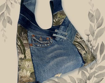 Upcycled Vintage Kimono Obi - Recycled Jeans Knot Bag – Cranes, Chrysanthemums & Pine – 5-Way Multi-Way Convertible Bag with Removable Strap
