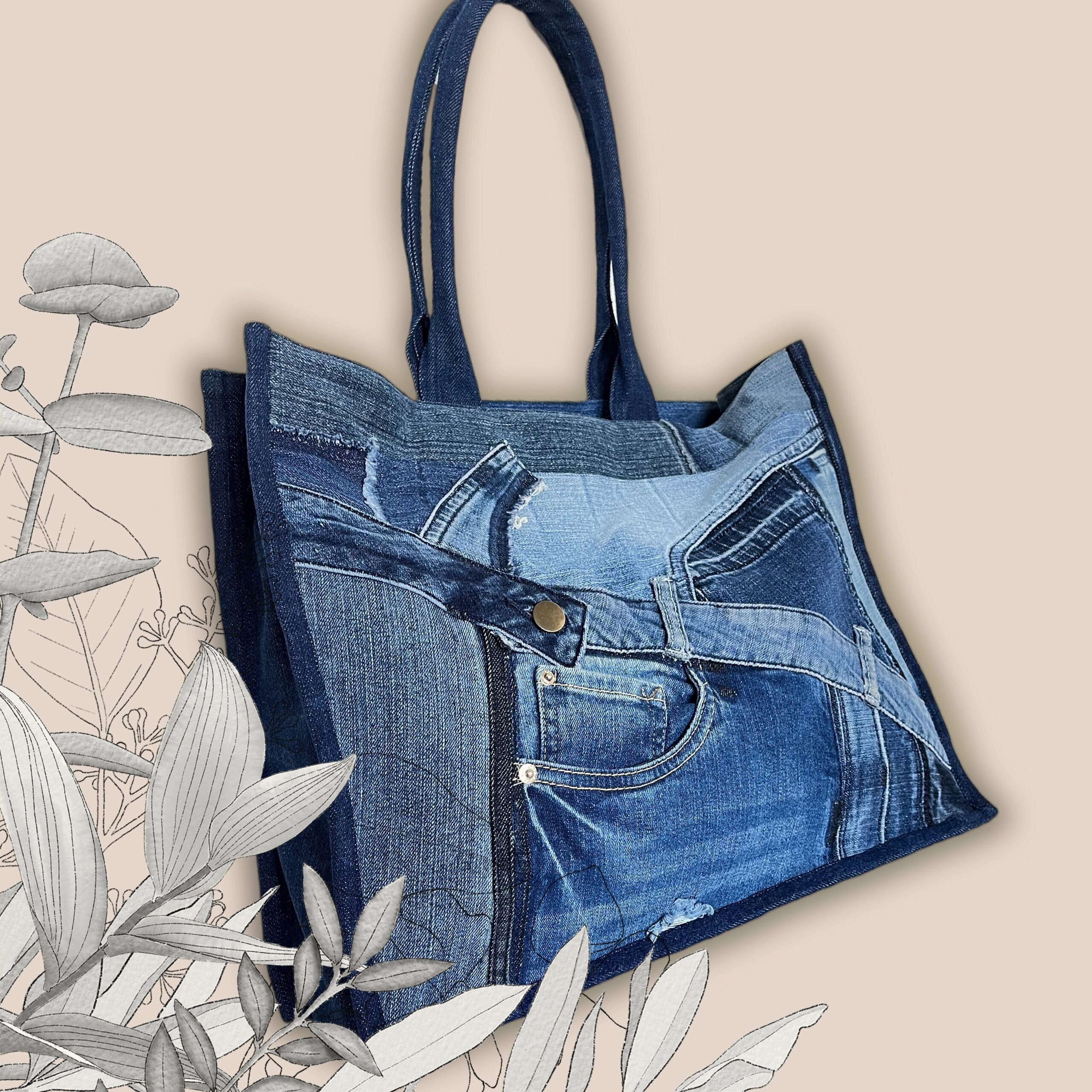 Jeans Bag Handmade Denim Fabric Torn Pattern, Embroidered Gym Bag