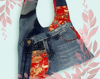 Upcycled Denim Knot Bag – Japanese Brocade Obi, Removable Strap