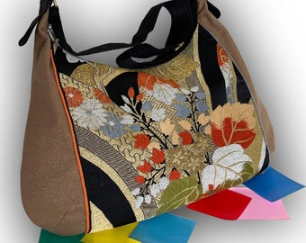 2-Way Messenger, Crossbody Bag - Vintage Japanese Brocade Obi Upcycled/ Mums/ Bellflowers/ Metallic Gold