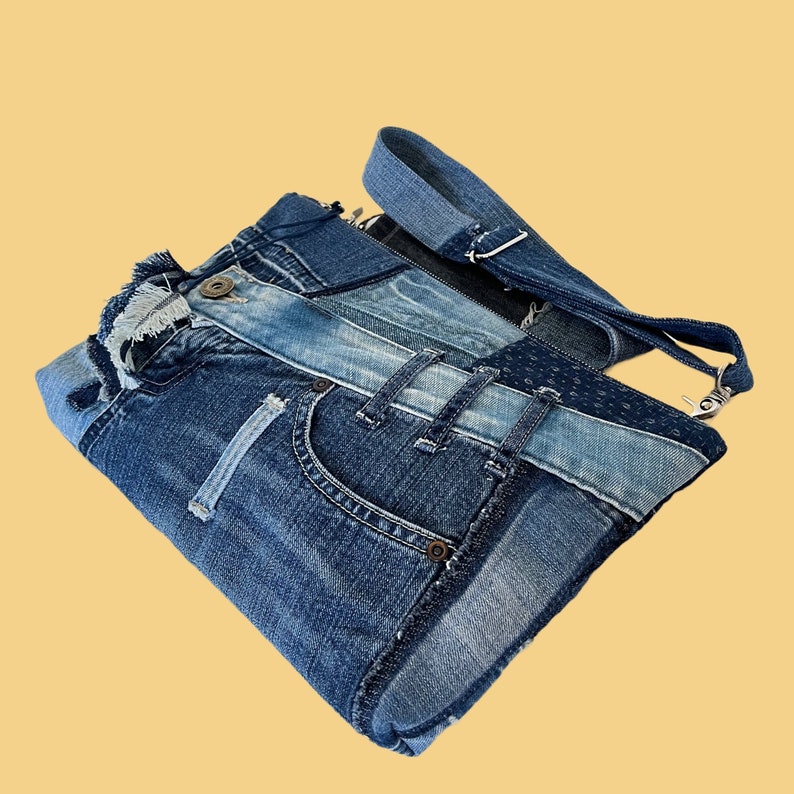 5-Way Fanny Pack/ Hip Bag/ Waist Bag/ Clutch/ Shoulder Bag Recycled Old Jeans Patchwork Handmade Bag. Upcycled Unique Denim Bag. image 3
