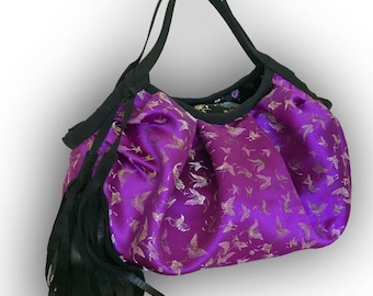 Chinese Satin Brocade Reversible Oriental Granny Bag with Black Tassel & Zipper Pouch - Purple/ black