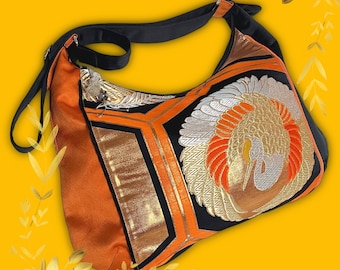 2-Way Messenger Bag, Crossbody Bag - Japanese Brocade Obi Upcycled Shoulder Bag - Orange, Metallic Gold, Black / Crane with Hexagonal Frame
