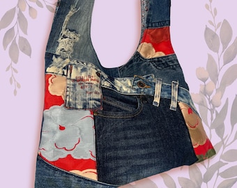Upcycled Vintage Kimono Obi - Recycled Jeans Knot Bag – Japanese floral motifs – 5-Way Multi-Way Convertible Bag with Removable Strap