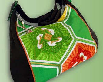 Kimono Obi Bag with Cranes in Kikko Pattern – Japanese Brocade & Cotton Duck Canvas – One of a Kind Handmade