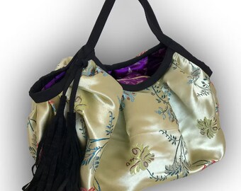 Chinese Satin Brocade Reversible Oriental Granny Bag with Black Tassel & Zipper Pouch - Khaki/ Purple