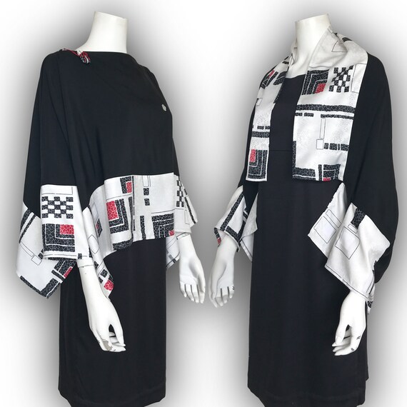 2 Way Origami Blouse Shrug Jacket Japanese Kimono Re Make Up Cycled Two Tone White Black Red Geometric Plaid Pattern Family Crest