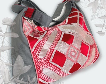 2-Way Messenger Bag, Crossbody Bag - Kawaii! Japanese Brocade Obi Upcycled Shoulder Bag - Argyle Check