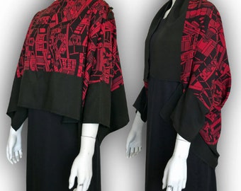 Japanese Kimono Re-create/ Up-cycled- 2-Way Origami Blouse Shrug - Two-Tone / Rare & Unique, Landscape Shadow Picture Pattern