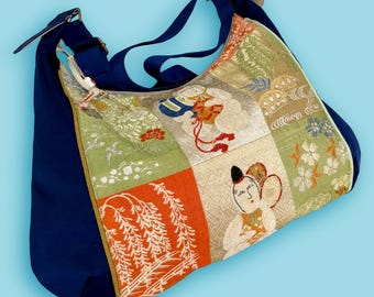 One-of-a-Kind Vintage Japanese Obi Bag – Silk Brocade with Child Musicians – Handmade Crossbody Tote